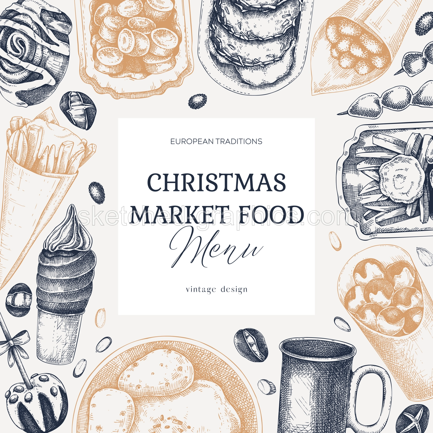 Christmas market food menu design. Hand-drawn vector illustration. Mulled wine, raclette, French fries, pastries, grilled sausages, pancakes sketches. European Christmas fair vintage frame Illustration